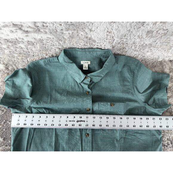 LL Bean Womens Size L Cotton Button Shirt Green Short Sleeve Casual Collared - Picture 5 of 9